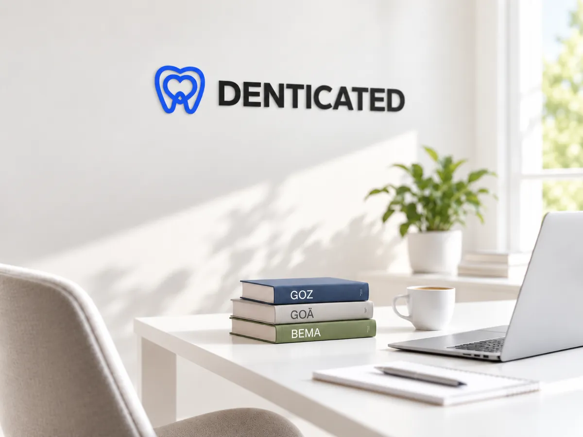 Modernes DENTICATED Büro mit Logo an der Wand und Büchern zu GOZ, GOÄ und BEMA auf dem Schreibtisch