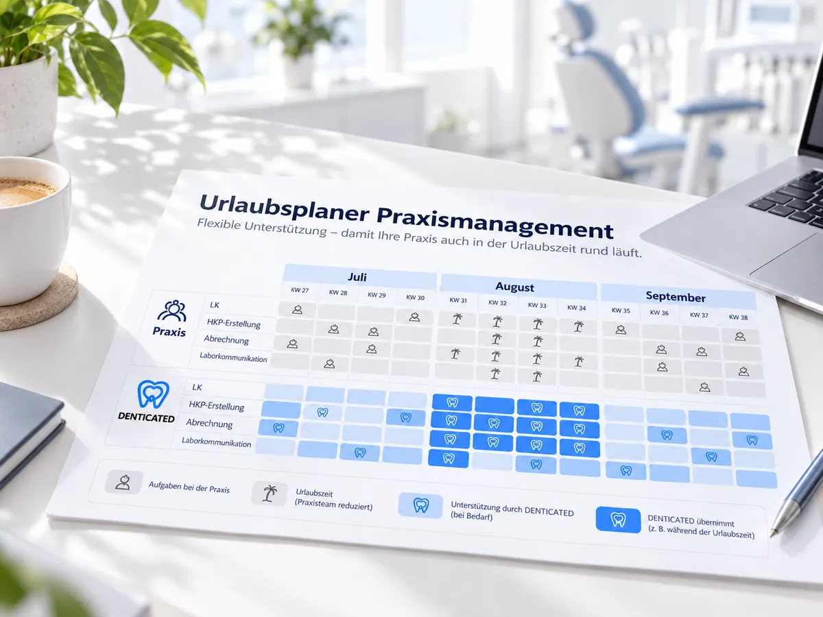 Urlaubsplaner von DENTICATED auf einem Schreibtisch in der Zahnarztpraxis, daneben Aufgaben zur zahnärztlichen Abrechnung