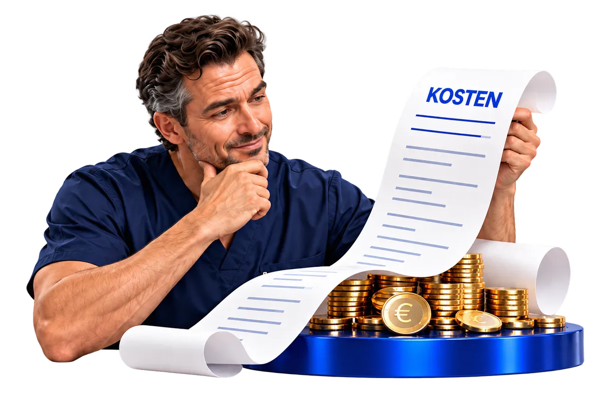 Zahnarzt prüft nachdenklich eine lange Kostenaufstellung neben einem Stapel Euro-Münzen